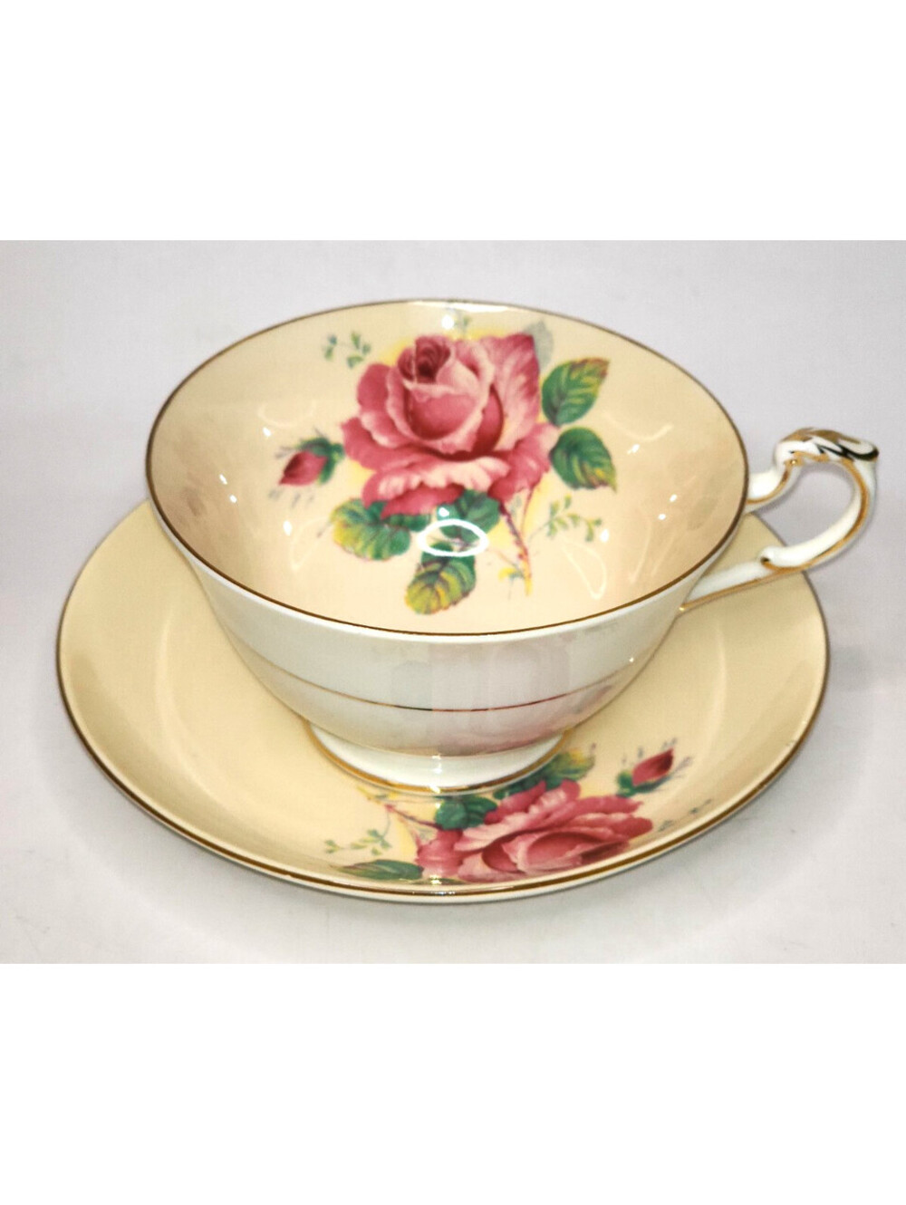 Paragon China Double Warrant Tea Cup & Saucer Cream with Pink Cabbage Rose